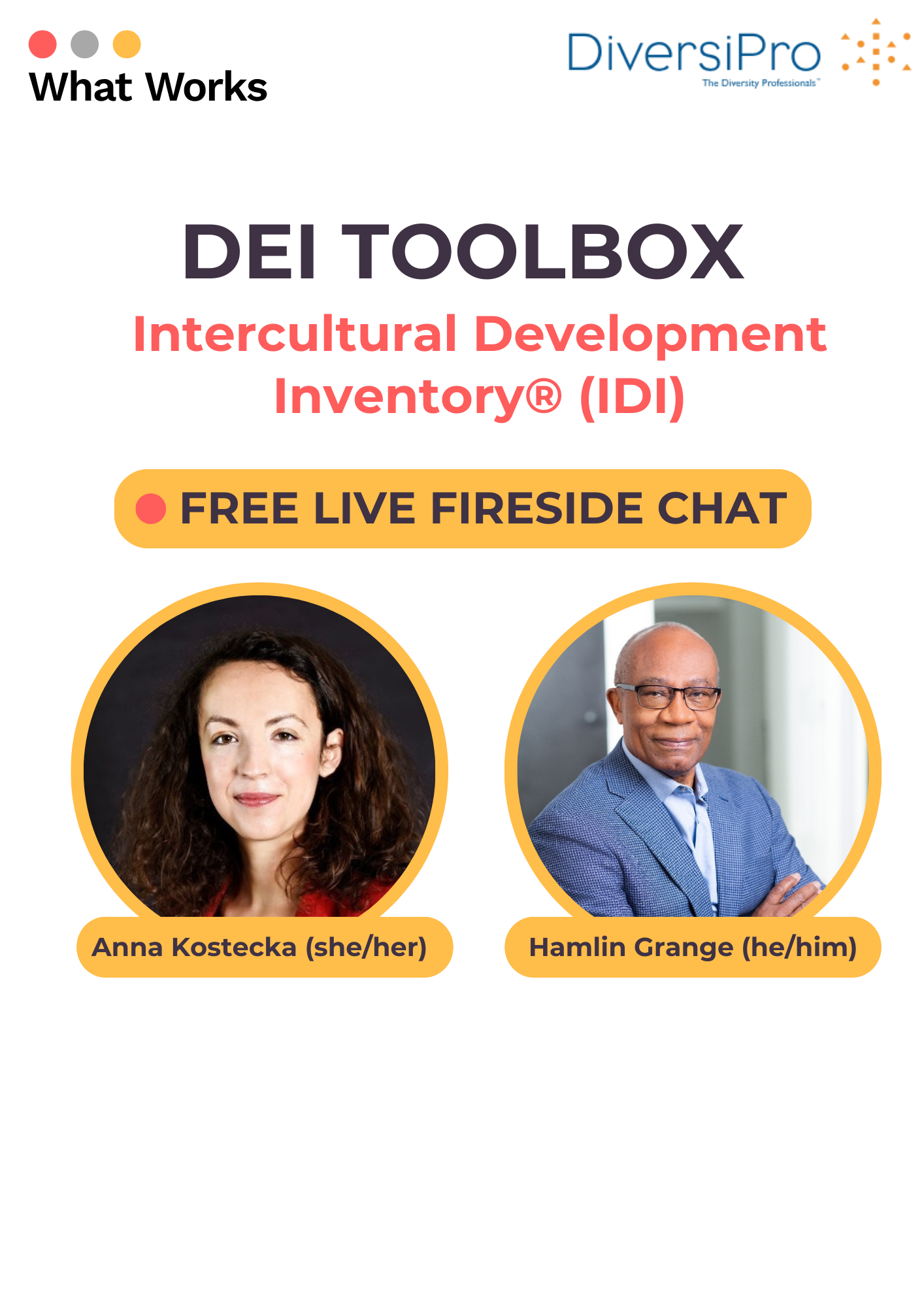 Landing page of a fireside chat called DEI toolbox: Intercultural Development Inventory (IDI) with photos of spearkers - Anna Kostecka and Hamlin Grange