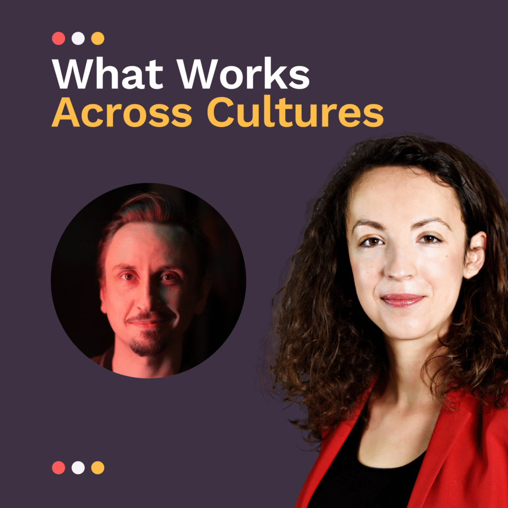 Ep. 6 Podcast name: What Works Across Cultures with photos of the host and episode guest